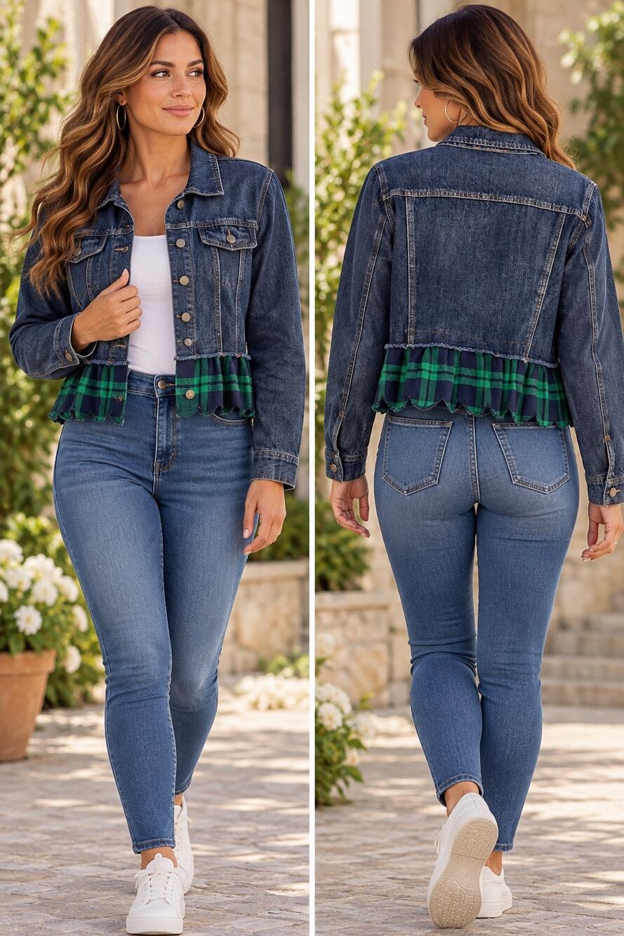 Umgee Green Pleated Plaid Flannel Trim Denim Jacket Size Small